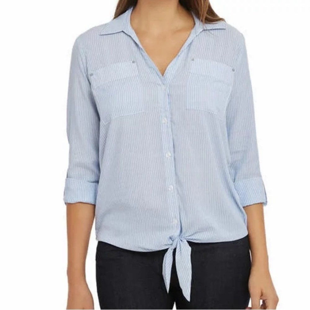 Jones New York Womens Gingham Button Front Knot Three Quarter Sleeve Top Blouse